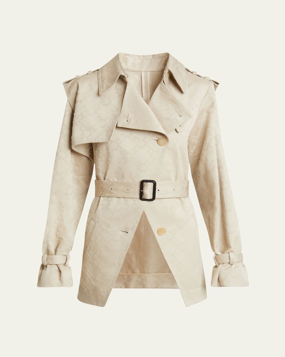 Distressed Monogram Belted Cutaway Trench Jacket